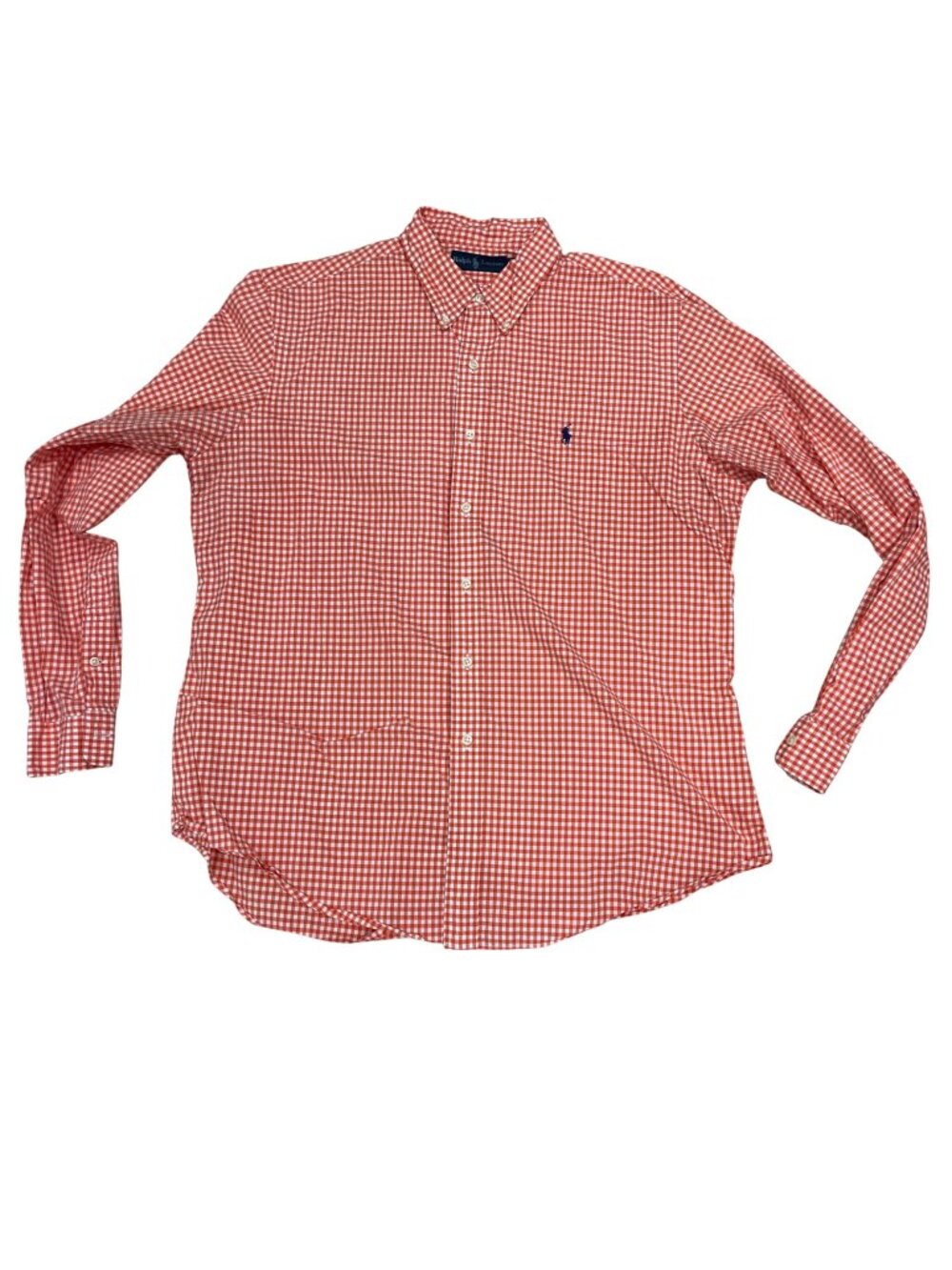 Ralph Lauren Gingham Button Down Shirt Men' Size XL 100% Cotton Orange Blue Logo